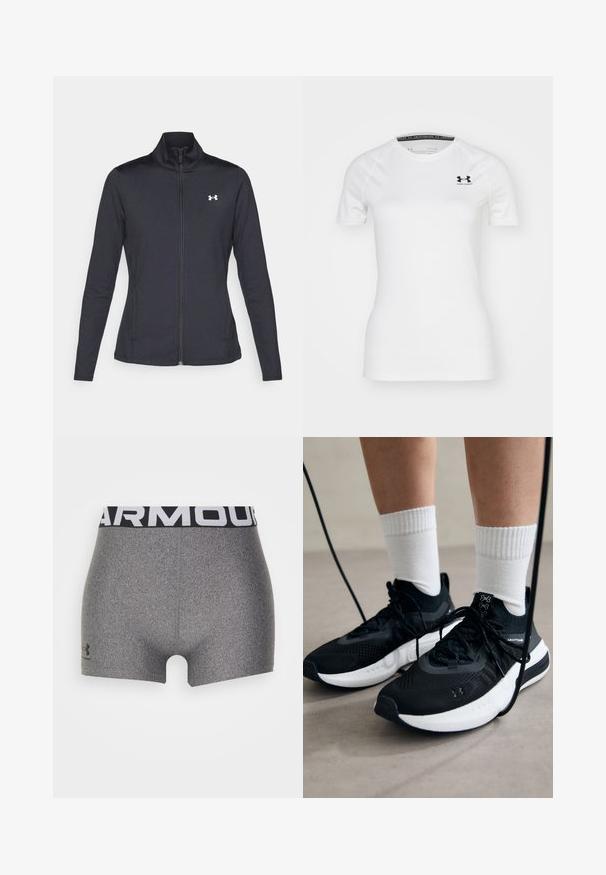 Chaqueta deportiva negra hecha de una tela suave y elástica, con cuello alto y cremallera completa, que presenta un pequeño logo blanco en la parte superior izquierda.; Camiseta atlética corta de manga blanca hecha de una tela suave, con un logo negro de Under Armour en la parte superior izquierda del pecho y un cuello redondo.; Pantalones cortos deportivos grises con un diseño ajustado, hechos de un material texturizado. Presentan una amplia cinturilla negra con la palabra "ARMOUR" en blanco.; Zapatillas deportivas negras con tela texturizada, suela blanca y cordones negros. Llevadas con calcetines blancos de canalé, de pie sobre una superficie clara.