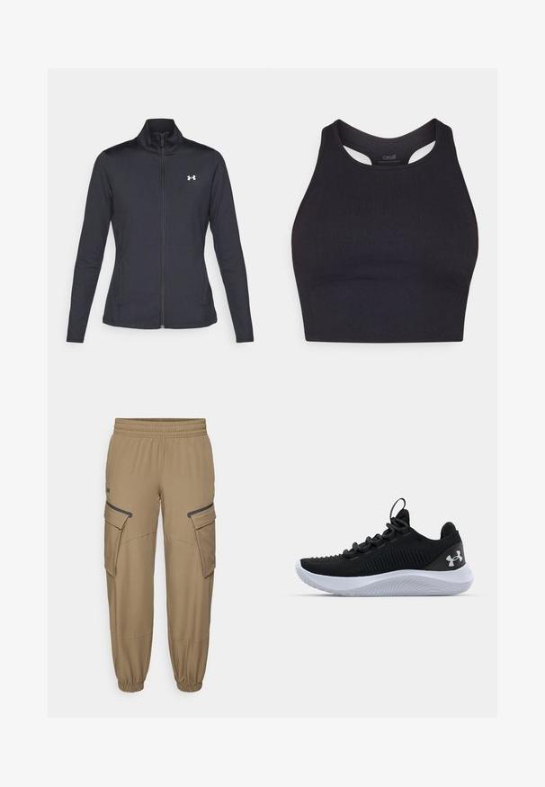 Black athletic jacket made of smooth, stretchy fabric with a high collar and full zipper, featuring a small white logo on the upper left side.; Black athletic crop top made from ribbed material, featuring a sleeveless design and a rounded neckline with cut-out details.; Under Armour UNSTOPPABLE - Trousers - bayou/black; Black athletic shoes with a breathable mesh upper, textured detailing, and a white rubber sole. Features flat laces and a heel pull tab.
