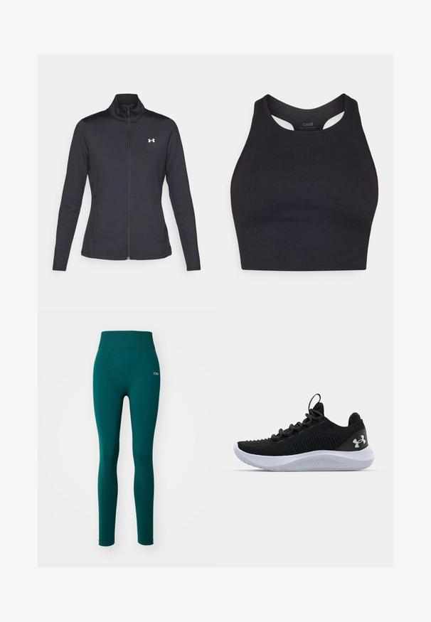 Veste de sport noire en tissu lisse et extensible avec un col montant et une fermeture éclair intégrale, arborant un petit logo blanc sur le côté supérieur gauche.; Crop top de sport noir en tissu côtelé, avec une conception sans manches et un col rond avec des détails découpés.; Leggings actifs teal avec une large ceinture, fabriqués en tissu extensible. Présentent une texture lisse et des détails en mesh sur la partie inférieure de la jambe.; Baskets de sport noires avec une tige en maille respirante, des détails texturés et une semelle en caoutchouc blanche. Elles sont dotées de lacets plats et d'une languette au talon.