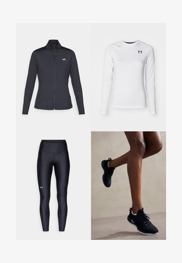 Black athletic jacket made of smooth, stretchy fabric with a high collar and full zipper, featuring a small white logo on the upper left side.; Long-sleeve white athletic shirt made of smooth fabric, featuring a crew neck and black logo on the upper left chest.; Black leggings made of smooth, stretchy material with a high waistband. Features a white logo on the left thigh and fitted design.; Black athletic shoes with a textured upper, white accents, and a speckled sole, featuring laces and a cushioned design for support.