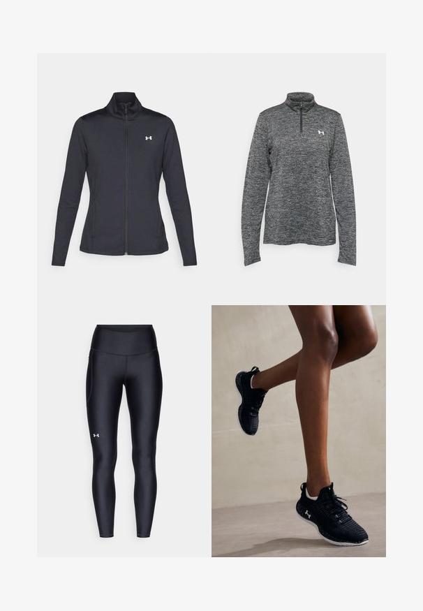 Black athletic jacket made of smooth, stretchy fabric with a high collar and full zipper, featuring a small white logo on the upper left side.; Gray long-sleeve quarter-zip pullover with a textured fabric and a small logo on the left chest area. Flat collar and straight hem design.; Black leggings made of smooth, stretchy material with a high waistband. Features a white logo on the left thigh and fitted design.; Black athletic shoes with a textured upper, white accents, and a speckled sole, featuring laces and a cushioned design for support.