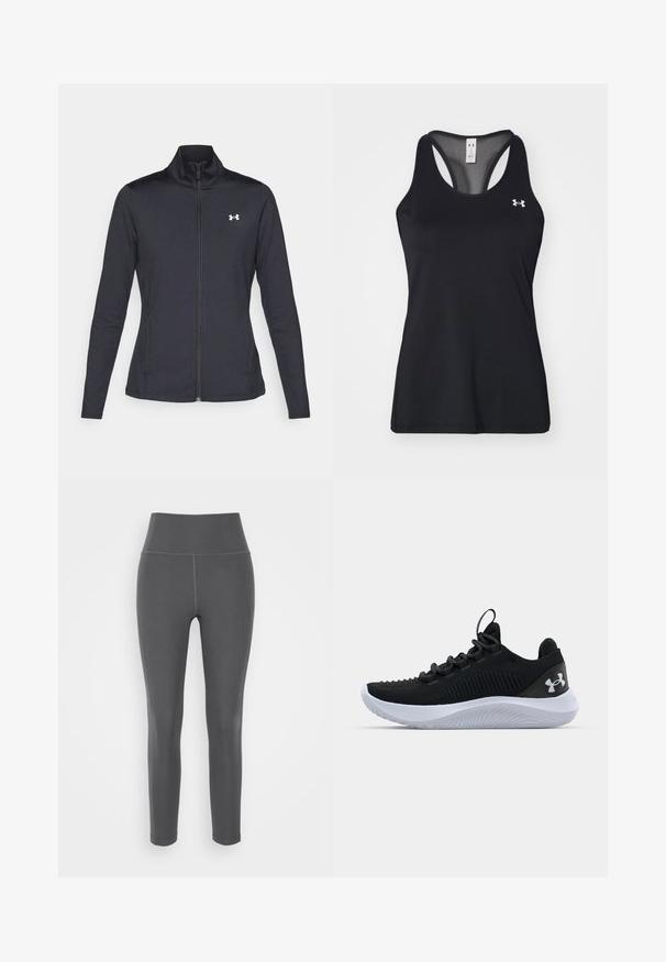 Mustmust mustrits mustritud jahk, valmistatud sujuvast, venivast kangast, kõrge kraega ja täispika tõmbluku ning väikese valge logoga vasakul üleval poole.; Mustmust muströga muströiga muströiga sisu, racerback disainiga ja õrn logo detailiga rinnal. Kerge ja hingav materjal.; Hallis kõrge vöökohtadega retuusid, mis on valmistatud venivast, siledast kangast, millel on lamedad õmblused ja sobiv disain, sobivad aktiivseks või igapäevaseks kandmiseks.; Mustad mustren pruunid sportlikud kingad, millel on hingav võrgust pealis, tekstuuriga detailid ja valgest kummist talla. Omavad lapikuid paelu ja kandmismehhanismi.