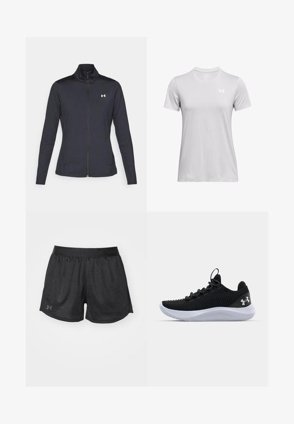 Čierna športová bunda vyrobená z hladkého, elastického materiálu s vysokým golierom a plným zipsom, s malým bielym logom na hornej ľavej strane.; Tričko s krátkym rukávom v svetlosivej farbe, s okrúhlym výstrihom a malým bielym logom na hornej ľavej strane hrude. Mäkká textúra.; Čierne športové šortky s textúrovanou tkaninou, elastickým pásom a malým logom Under Armour v tmavosivej farbe na dolnej ľavej strane.; Čierne športové topánky s priedušným sieťovaným zvrškom, štruktúrovanými detailmi a bielou gumovou podrážkou. Obsahujú ploché šnúrky a pútko na päte.