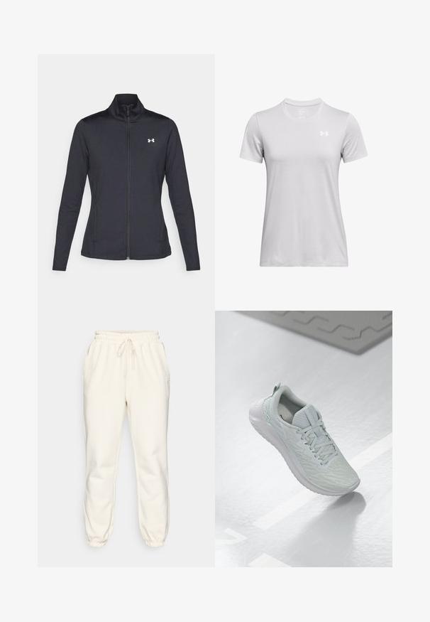 Svart idrottsjacka i slät, elastisk tyg med hög krage och hel dragkedja, med en liten vit logotyp på övre vänstra sidan.; Kortärmad sporttröja i ljusgrått tyg, med rundad halsringning och en liten, vit logotyp på övre vänstra bröstet. Mjuk textur.; Krämfärgade sweatshirtbyxor i mjukt material, med resårmidja och snörning, sidofickor och avsmalnande muddar vid anklarna.; Ljusgrå atletisk sko med ett strukturerat mesh-övre, snörningsdesign, vadderad sula och minimal varumärkesdetalj.