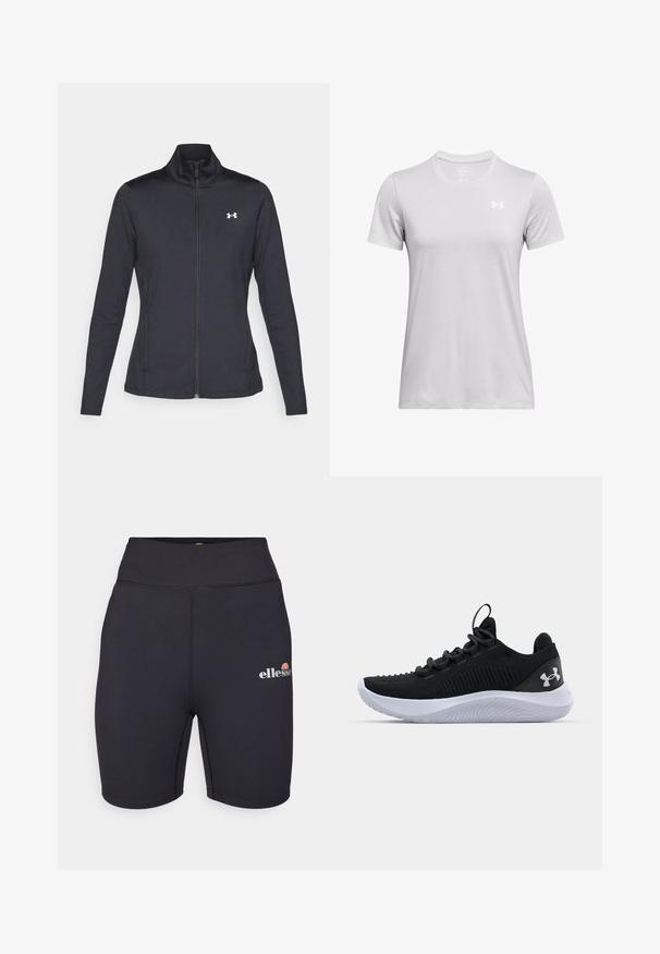 Črna atletska jakna iz gladkega, raztegljivega blaga z visokim ovratnikom in polnim zadrgo, ki ima majhen bel logotip na zgornji levi strani.; T-maica s kratkimi rokavi v svetlo sivi barvi, z okroglim ovratnikom in majhnim belim logotipom na zgornjem levem prsnem delu. Mehka tekstura.; Črne športne hlače visoke pasu z gladko teksturo, ki imajo elastičen pas in majhen barvit logo "ellesse" na stegnu.; Črne športne copate z zračnim mrežastim zgornjim delom, strukturnimi detajli in belo gumijasto podplat. Imajo ravne vezalke in zanko na peti.