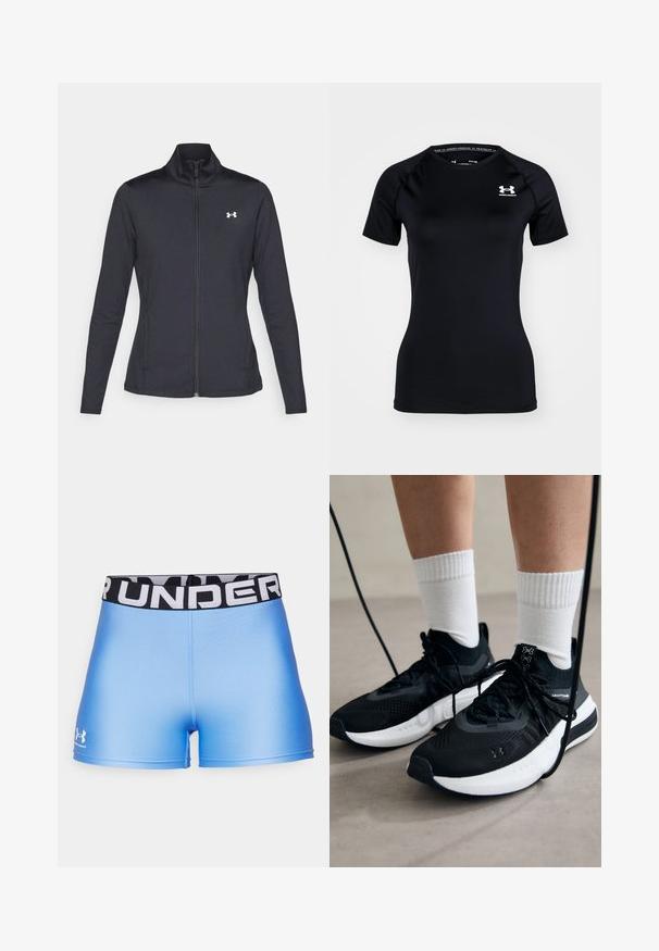 Mustmust mustrits mustritud jahk, valmistatud sujuvast, venivast kangast, kõrge kraega ja täispika tõmbluku ning väikese valge logoga vasakul üleval poole.; Mustas lühikeste varrukate sportlik särk, mis on valmistatud siledast ja kergest kangast. Omab ümarat kaelaosa ja väikest valget logo ülemisel rinnapiiril.; Under Armour HEATGEAR SHORTY - Retuusid - horizon blue/white; Mustad mustad jalanõud tekstuuritud kangast, valge tallaga ja mustade paeltega. Kanna valgete soonikkudega sokkide sisse, seistes helesinisel pinnal.
