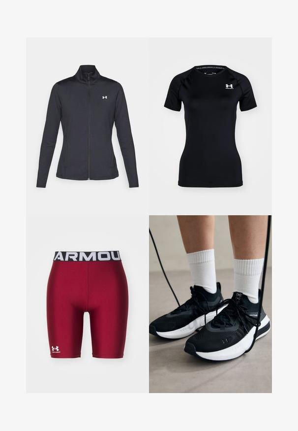 Jachetă sport neagră realizată dintr-un material neted și elastic, cu guler înalt și fermoar complet, având un mic logo alb în colțul din stânga sus.; Cămașă sportivă neagră cu mâneci scurte, realizată dintr-un material ușor și neted. Dispune de un guler rotund și un mic logo alb pe partea superioară a pieptului.; Pantaloni scurți de comprimare roșii cu o curea elastică neagră, având textul alb "ARMOUR" și logo-ul Under Armour pe partea inferioară a piciorului stâng.; Căști atletice negre cu țesătură texturată, talpă albă și șireturi negre. Purtați cu șosete albe cu riflaje, stând pe o suprafață deschisă.