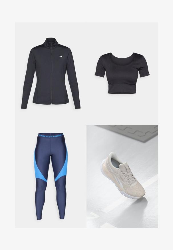 Czarna sportowa kurtka z gładkiego, elastycznego materiału, z wysokim kołnierzem i pełnym zamkiem, z małym białym logo na górnej lewej stronie.; Czarny prążkowany krótki top z krótkimi rękawami, szerokim okrągłym dekoltem i dopasowanym paskiem na dole. Miękka tekstura, casualowy design.; Granatowe legginsy z jasnoniebieskimi akcentami, wykonane z gładkiego, elastycznego materiału. Posiadają szeroki pas z logotypem marki w kolorze niebieskim.; Jasno beżowy but sportowy z perforowanym cholewką, teksturowanymi akcentami, wyściełanym kołnierzem i białą gumową podeszwą, zaprojektowany z myślą o komforcie i wentylacji.