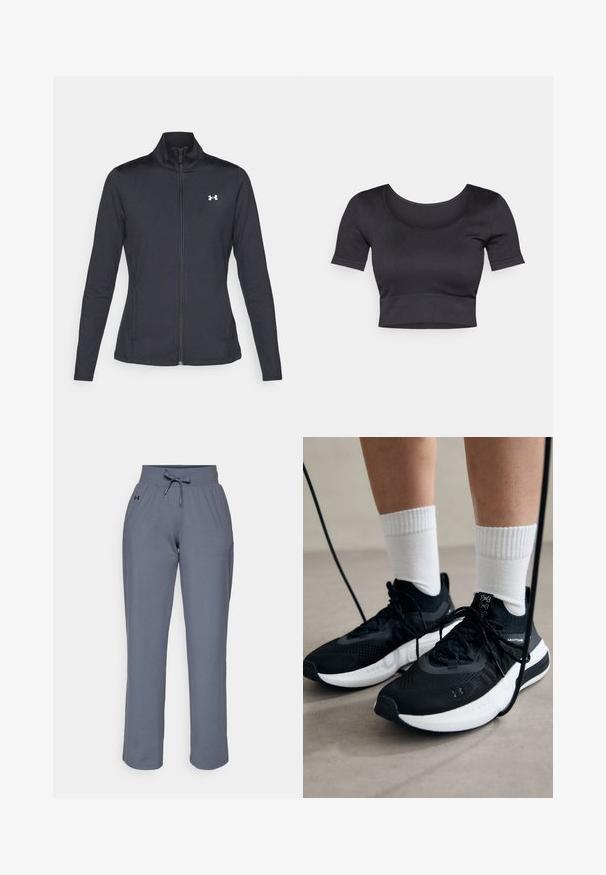 Črna atletska jakna iz gladkega, raztegljivega blaga z visokim ovratnikom in polnim zadrgo, ki ima majhen bel logotip na zgornji levi strani.; Črn rebrast kratek top s kratkimi rokavi, širokim okroglim vratnim izrezom in prilegajočim trakom na dnu. Mehka tekstura, sproščen dizajn.; Sive hlače iz mehkega blaga, z elastičnim pasom, vrvico in logotipom na strani. Oblika z ravnimi nogami.; Črne športne čevlje z strukturirano tkanino, belo podplatom in črnimi vezalkami. Nosi se z belimi rebrastimi nogavicami, stoje na svetli površini.