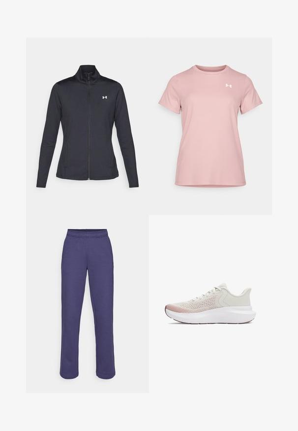 Schwarze Sportjacke aus glattem, dehnbarem Stoff mit hohem Kragen und durchgehendem Reißverschluss, ausgestattet mit einem kleinen weißen Logo auf der oberen linken Seite.; Under Armour Sport T-Shirt - tourmaline pink/white; Lila Sweatpants mit elastischem Bund, geraden Beinen und einem weichen Baumwoll-Mix-Stoff. Keine sichtbaren Muster oder Hardware-Details.; Leichte Sportschuhe mit einem atmungsaktiven weißen Netzobermaterial, einem Verlauf in Pink-Akzenten und einer dicken weißen Sohle mit strukturierten Details.
