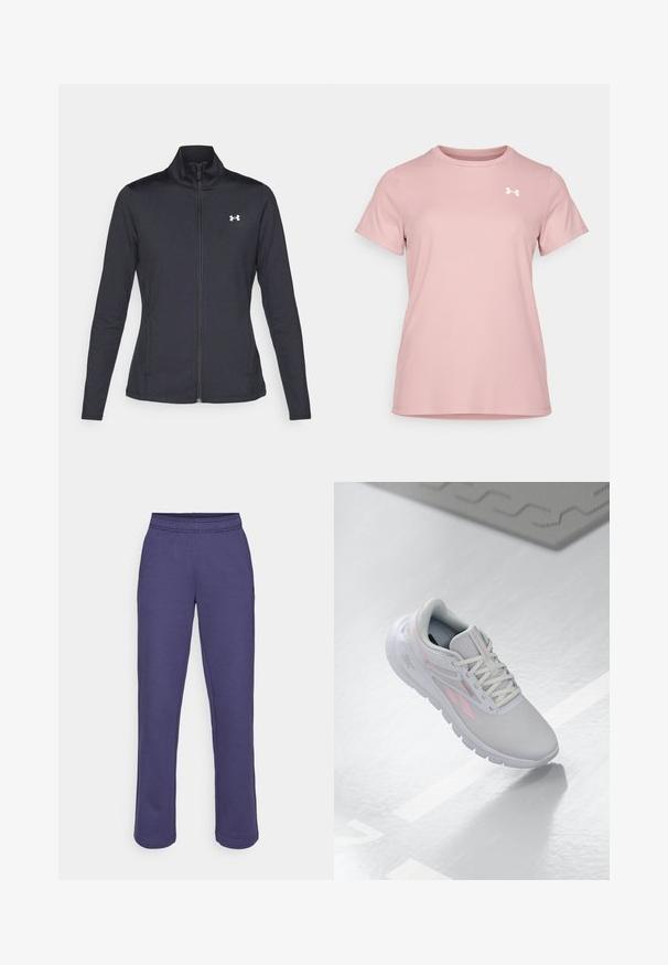 Juodas sportinis švarkas, pagamintas iš lygios, elastingos medžiagos, su aukštu apykakle ir pilnu užtrauktuku, su maža balta logo kairiajame viršutiniame kampe.; Under Armour Sportiniai marškinėliai trumpomis rankovėmis - tourmaline pink/white; Violet treniruotės kelnės su elastine juosta, tiesiomis kojomis ir minkštu medvilnės mišinio audiniu. Nėra matomų raštų ar kietųjų detalių.; Šviesiai pilki sportbačiai su rožiniais akcentais, orui pralaidus viršus, apvalus pirštas, paminkštinta padas ir raištelių uždarymas. Paviršius yra lygus ir atspindintis.