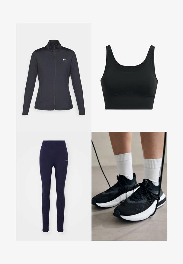 Juodas sportinis švarkas, pagamintas iš lygios, elastingos medžiagos, su aukštu apykakle ir pilnu užtrauktuku, su maža balta logo kairiajame viršutiniame kampe.; Juodas sportinis liemenukas, pagamintas iš lygaus audinio, su apvaliu kaklu, plačiomis petnešomis ir besiūle konstrukcija su išlinkusia apatine dalimi.; Jūrų laivyno spalvos leggingsai su aukštu liemeniu, pagaminti iš elastingos medžiagos, su subtiliu raštu ir mažu_logotipu kairiajame šlaunyje.; Juodi sportiniai batai su tekstūruotu audiniu, balta padu ir juodais raiščiais. Dėvimi su baltais raištiniais kojiniais, stovint lengvame paviršiuje.