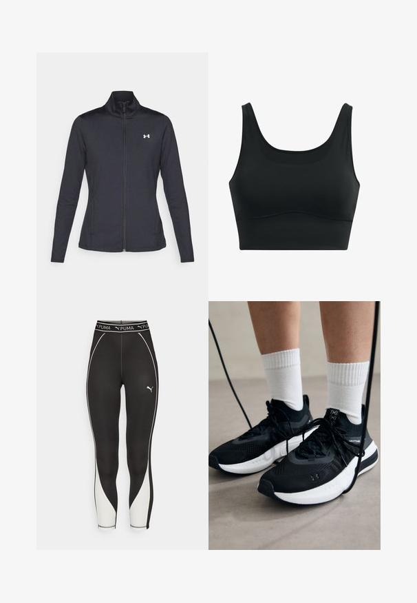 Giacca sportiva nera realizzata in tessuto morbido ed elasticizzato, con colletto alto e zip completa, caratterizzata da un piccolo logo bianco sul lato sinistro superiore.; Brasiletta sportiva nera realizzata in tessuto liscio, con scollatura a barco, spalline larghe e design senza cuciture con orlo curvo.; Leggings sportivi neri con pannelli laterali bianchi, tessuto testurizzato e vita con logo Puma bianco.; Scarpe sportive nere con tessuto testurizzato, suola bianca e lacci neri. Indossate con calzini bianchi a costine, in piedi su una superficie chiara.