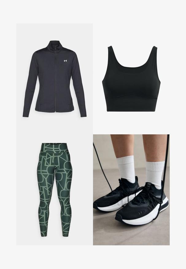 Čierna športová bunda vyrobená z hladkého, elastického materiálu s vysokým golierom a plným zipsom, s malým bielym logom na hornej ľavej strane.; Čierny športový podprsenka vyrobená z hladkej tkaniny, s hlbokým výstrihom, širokými ramienkami a bezšvovým dizajnom so zaobleným lemom.; Vysoké zelene legíny s geometrickým vzorom v tlmených odtieňoch. Vyrobené z elastického, hladkého materiálu so priliehavým strihom.; Čierne športové topánky s textúrovanou tkaninou, bielou podrážkou a čiernymi šnúrkami. Nosené s bielymi rebrovanými ponožkami, postavené na svetlom povrchu.