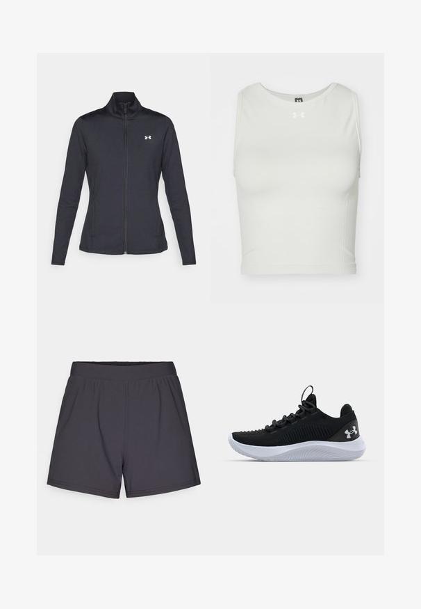 Melnās sporta jakas izgatavotas no gludas, elastīgas auduma ar augstu apkakli un pilnu rāvējslēdzēju, ar nelielu baltu logo augšējā kreisajā pusē.; Balta, īsa sporta blūze, izgatavota no gludas, elastīgas auduma, ar apaļu dekoltē un bez piedurknēm; priekšpusē ir neliels logo.; Melnas sporta šortus, kas izgatavoti no viegla, elastīga auduma. Satur elastīgu jostu un vienkāršu, bez rotājumiem dizainu.; Melnas sporta kurpes ar elpojošu acs augšdaļu, teksturētu detaļu un baltu gumijas zoli. Aprīkotas ar plakanām šņorēm un papēža cilpu.