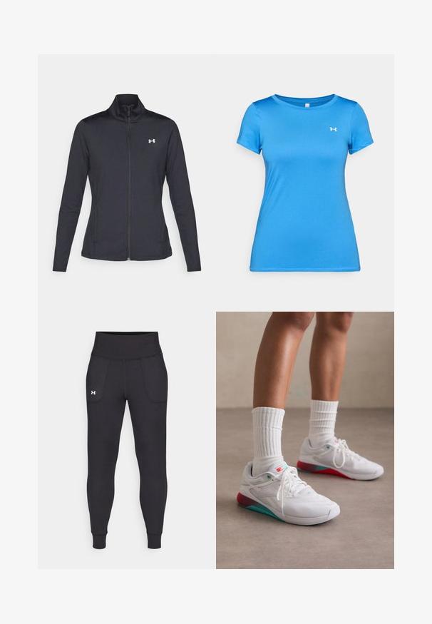 Černá sportovní bunda vyrobená z hladké a elastické textilie, s vysokým límcem a plným zipem, která má malé bílé logo na levé horní části.; Modré sportovní tričko s krátkým rukávem, kulatým výstřihem a malým bílým logem Under Armour na horním hrudníku.; Černé sportovní legíny vyrobené z elastického materiálu, s vysokým pasem, bočními kapsami a úzkými manžetami na kotnících.; Bílé sportovní boty s texturovaným svrškem, tyrkysovými akcenty a červeným podpatkem. Nosené s proužkovanými bílými ponožkami. Obsahují tkaničky a branding.