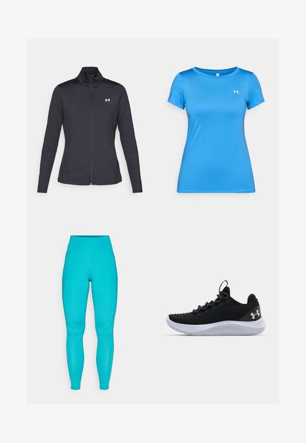 Juodas sportinis švarkas, pagamintas iš lygios, elastingos medžiagos, su aukštu apykakle ir pilnu užtrauktuku, su maža balta logo kairiajame viršutiniame kampe.; Mėlynas trumpomis rankovėmis sportinis marškinėlis su apvaliu kaklu ir mažuoju baltu "Under Armour" logotipu viršutinėje krūtinės dalyje.; Turkio spalvos leggingai su aukštu liemeniu, pagaminti iš tampraus medžiagos. Ypatingai lygus paviršius ir šoninės siūlės, prigludęs dizainas, užtikrinantis patogumą judant.; Juodi sportiniai batai su kvėpuojančia tinkline viršutine dalimi, tekstūruotais akcentais ir balto gumos padu. Yra lygios raišteliai ir užkulnio kilpa.