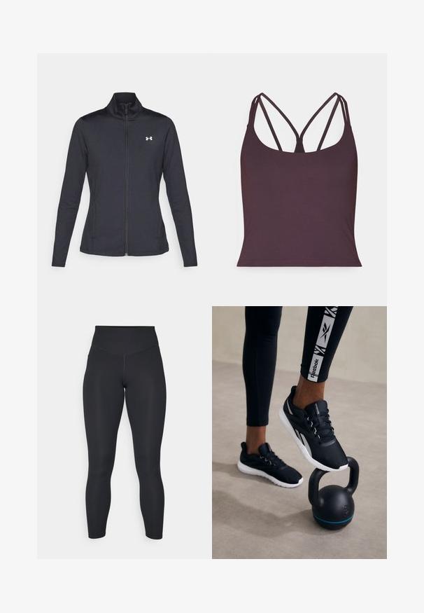 Mustmust mustrits mustritud jahk, valmistatud sujuvast, venivast kangast, kõrge kraega ja täispika tõmbluku ning väikese valge logoga vasakul üleval poole.; Tume lillatops, mis on valmistatud siledast kangast, õhukeste topeltrihmade ja ümara kaelusega. Sujuv äär all.; Mustad kõrge vöökohaga mustad retuusid, silmadele siledat tekstuuri ja hästi istuv disain. Omab tasaseid õmblusi ja ulatuslikku katvust, ilma mustriteta.; Mustad sportjalatsid, millel on tekstuuriga pealne, valge talla ja hallid detailid, asetsevad musta kettlebelli peal, millel on sinine triip, neutraalses taustas.