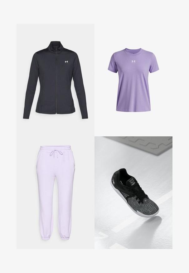 Mustmust mustrits mustritud jahk, valmistatud sujuvast, venivast kangast, kõrge kraega ja täispika tõmbluku ning väikese valge logoga vasakul üleval poole.; Lilla puuvillane T-särk lühikeste varrukatega, ümmarguse kaelusega ja valge logoga rinnal. Pehme tekstuur ja mugav lõige.; Lavendli spordipüksid, mis on varustatud elastse vööga ja paelaga, küljetaskutega ning kitsenevate varrukatega pahkluude juures. Pehme ja siledapind.; Must värvitud spordijalanõud, millel on tekstuuriga, mustriga võrkkangas ülemine osa, mustad paelad ja valge tald. Esitleb Reebok'i brändingut keelel ja külgedel.