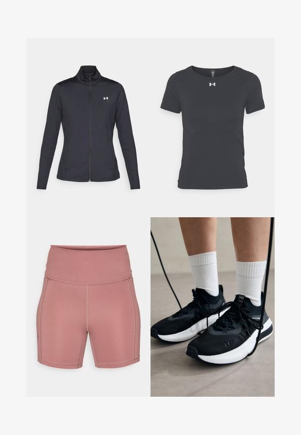 Melnās sporta jakas izgatavotas no gludas, elastīgas auduma ar augstu apkakli un pilnu rāvējslēdzēju, ar nelielu baltu logo augšējā kreisajā pusē.; Melnas īsām piedurknēm sporta krekls, izgatavots no viegla materiāla, ar apaļu kakla izgriezumu un Under Armour logo uz krūtīm.; Under Armour MIDDIE SHORT - Legingi - maroon mist/dark maroon; Melni sporta apavi ar strukturētu audumu, balta zole un melni šņores. Valkāti ar baltām ribotām zeķēm, stāvot uz gaišas virsmas.