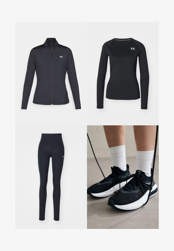 Black athletic jacket made of smooth, stretchy fabric with a high collar and full zipper, featuring a small white logo on the upper left side.; Black long-sleeve athletic shirt made of smooth fabric, featuring a round neckline and a small white logo on the left chest.; Black athletic leggings made of stretchy fabric, featuring a high waistband, side pockets, and a small logo on the lower leg.; Black athletic shoes with textured fabric, white sole, and black laces. Worn with white ribbed socks, standing on a light surface.