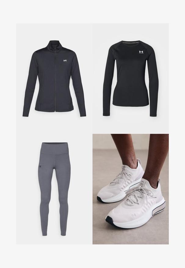 Juodas sportinis švarkas, pagamintas iš lygios, elastingos medžiagos, su aukštu apykakle ir pilnu užtrauktuku, su maža balta logo kairiajame viršutiniame kampe.; Juoda ilgarankovė sportinė marškinėlė, pagaminta iš lygaus audinio, su apvaliu kaklu ir maža balta logotipu kairėje krūtinės pusėje.; Pilkos sportinės legging'os, pagamintos iš lygaus, tamprumo medžiagos. Aukšta juosmens linija ir prigludusios kojos. Juodas logotipas kairiajame klubo šone. Jokie siūlai nematomi.; Šviesiai pilki sportiniai bateliai su tekstūruotu mezginiu viršuje, paminkštintu padu ir juodais akcentais, sukurti komfortui ir našumui.