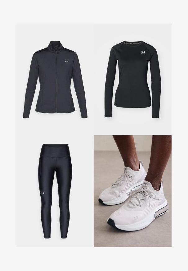 Črna atletska jakna iz gladkega, raztegljivega blaga z visokim ovratnikom in polnim zadrgo, ki ima majhen bel logotip na zgornji levi strani.; Črna dolga športna majica s splošno teksturo, ki ima okroglo izrezovanje in majhen bel znak na levem prsnem delu.; Črne pajkice iz gladkega, elastičnega materiala z visokim pasom. Imajo bel logotip na levem stegnu in oprijet kroj.; Svetlo sivi atletski čevlji s teksturiranim pletenim zgornjim delom, podložnim podplatom in črnimi poudarki, zasnovani za udobje in učinkovitost.