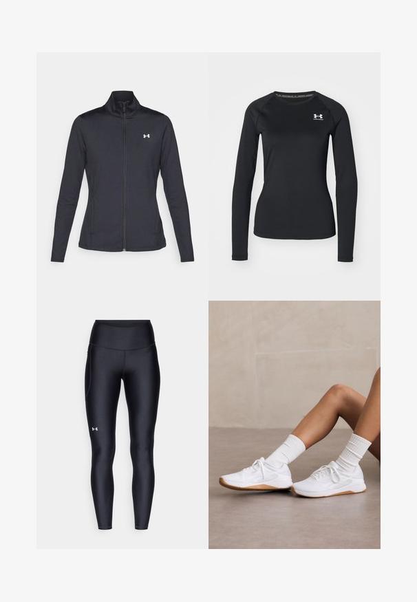 Black athletic jacket made of smooth, stretchy fabric with a high collar and full zipper, featuring a small white logo on the upper left side.; Black long-sleeve athletic shirt made of smooth fabric, featuring a round neckline and a small white logo on the left chest.; Black leggings made of smooth, stretchy material with a high waistband. Features a white logo on the left thigh and fitted design.; White athletic shoes with a textured upper, featuring a gum rubber sole, paired with ribbed white socks. Simple lace-up design.
