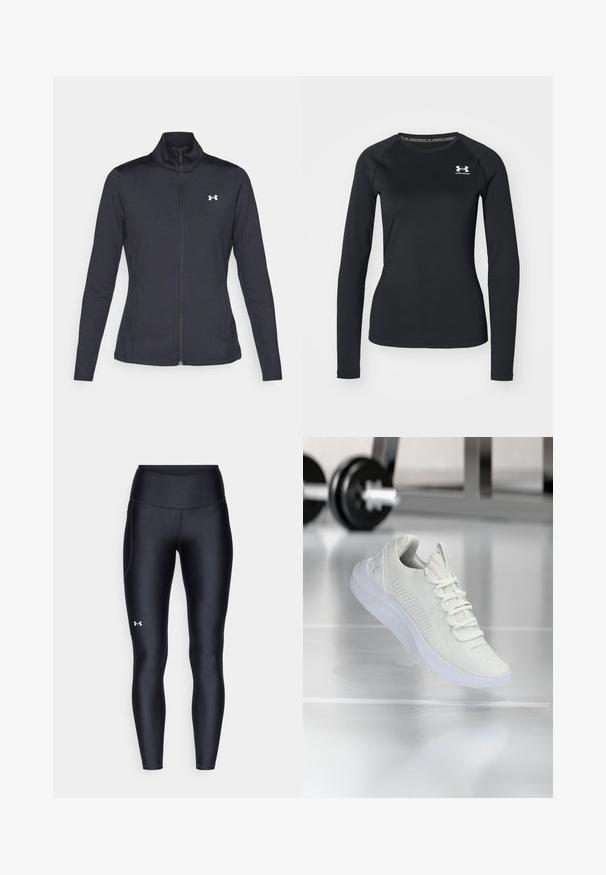 Black athletic jacket made of smooth, stretchy fabric with a high collar and full zipper, featuring a small white logo on the upper left side.; Black long-sleeve athletic shirt made of smooth fabric, featuring a round neckline and a small white logo on the left chest.; Black leggings made of smooth, stretchy material with a high waistband. Features a white logo on the left thigh and fitted design.; White athletic sneaker with a textured mesh upper and lacing system, featuring a cushioned white sole and subtle ribbed accents.