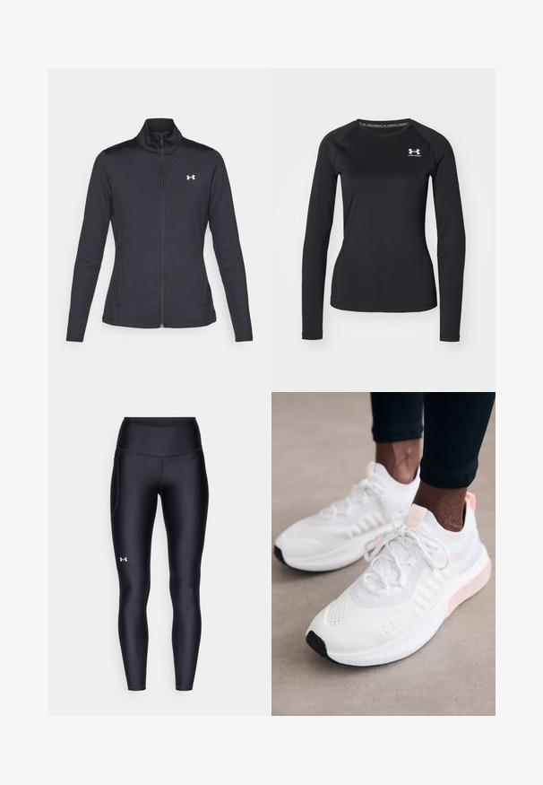 Zwarte sportjack gemaakt van glad, rekbaar materiaal met een hoge kraag en een volledige ritssluiting, met een klein wit logo op de bovenste linkerkant.; Zwart sportshirt met lange mouwen, gemaakt van een gladde stof, met een ronde halslijn en een klein wit logo op de linkerborst.; Zwarte leggings van glad, rekbaar materiaal met een hoge tailleband. Heeft een wit logo op de linkerdij en een aansluitend ontwerp.; Under Armour PHANTOM 4 - Sneakers laag - white