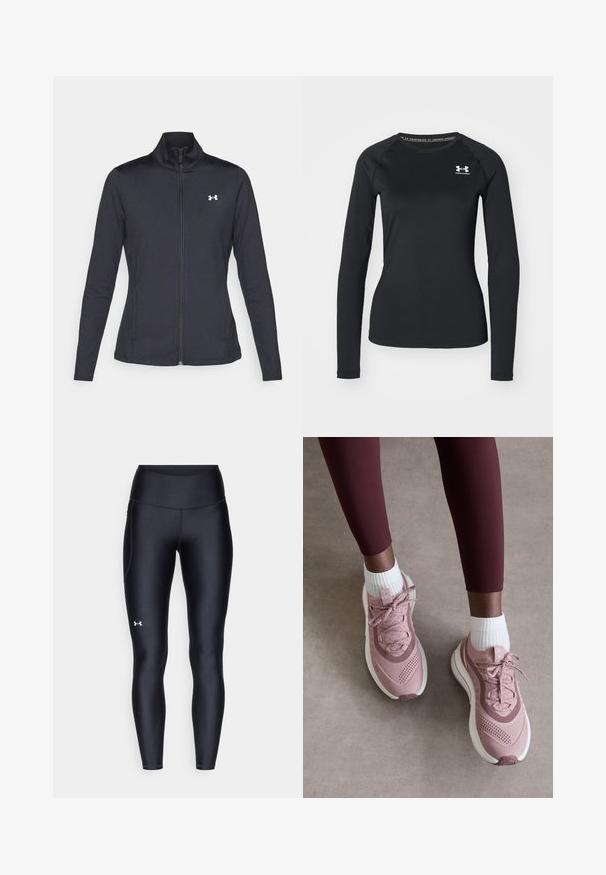 Sort atletisk jakke lavet af glat, strækbart stof med høj krave og fuld lynlås, der har et lille hvidt logo på den øverste venstre side.; Sort langærmet atletisk skjorte lavet af glat stof, med rund halsudskæring og et lille hvidt logo på venstre bryst.; Sorte leggings lavet af glat, strækbart materiale med høj talje. Har et hvidt logo på venstre lår og en tætsiddende design.; Lyserøde atletiske sko med tekstureret mesh-overdel, snørelukning og hvid sål. Båret med hvide ankelstrømper, sammen med bordeaux leggings.