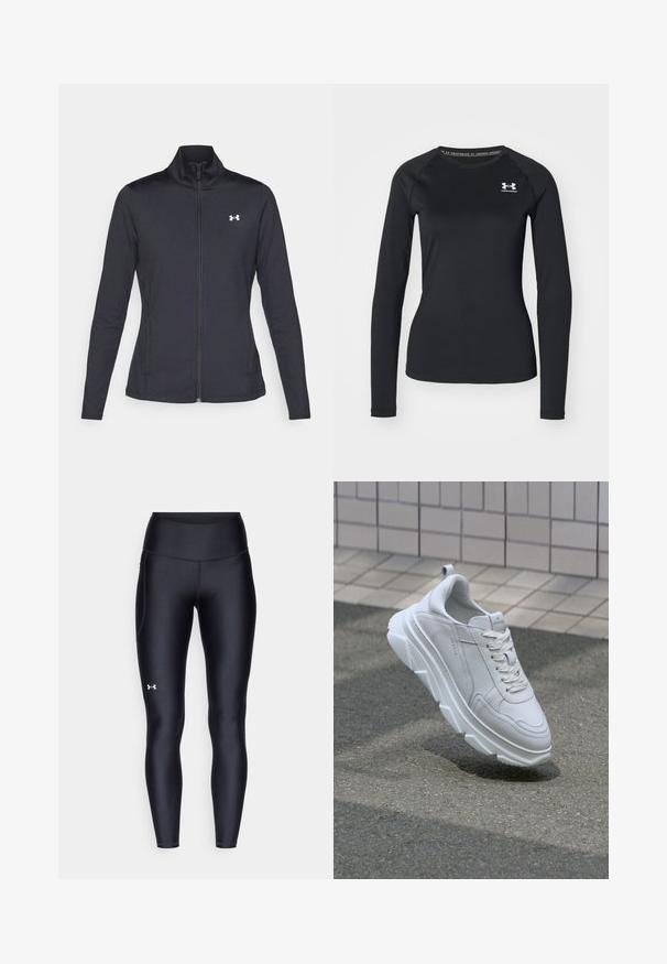 Mustmust mustrits mustritud jahk, valmistatud sujuvast, venivast kangast, kõrge kraega ja täispika tõmbluku ning väikese valge logoga vasakul üleval poole.; Must lâuhi keskmise käisteta sportlik särk, mis on valmistatud siledast kangast, ümmarguse kaelusega ning väikese valge logoga vasakul rinnal.; Mustad mustad, venitatud materjalist, kõrge vöökoht. Vasakul reie kohal on valge logo ning tihe disain.; Valge nahast spordijalats, millel on paks, tekstuuriga kummitald, lace-up sulgemise ja õmblusdetailidega. Ümar varvas ja pahkluu toestamise disain.