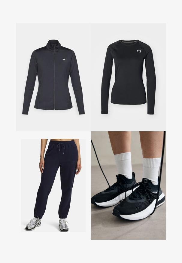 Černá sportovní bunda vyrobená z hladké a elastické textilie, s vysokým límcem a plným zipem, která má malé bílé logo na levé horní části.; Černé sportovní tričko s dlouhým rukávem vyrobené z hladkého materiálu, s kulatým výstřihem a malým bílým logem na levém prsu.; Námořnické modré flísové tepláky s elastickým pasem, šňůrkou a elastickými manžetami na kotnících. Obsahují jemně vyšívané logo na straně.; Černé sportovní boty s texturovanou tkaninou, bílou podrážkou a černými tkaničkami. Nosené s bílými žebrovanými ponožkami, stojící na světlém povrchu.