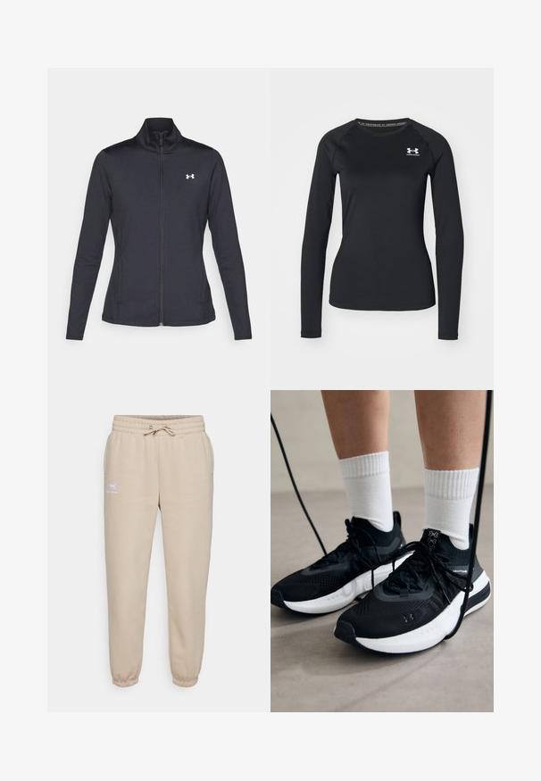 Melnās sporta jakas izgatavotas no gludas, elastīgas auduma ar augstu apkakli un pilnu rāvējslēdzēju, ar nelielu baltu logo augšējā kreisajā pusē.; Melna garām piedurknēm sporta krekls, izgatavots no izlīdzinātas auduma, ar apaļu kakla izgriezumu un mazu baltu logotipu kreisajā krūtī.; Beige sporta bikses, kas izgatavotas no mīkstas auduma, ar elastīgu jostu un auklu, ribotām piedurknēm un mazu logotipu kreisajā augšstilbā.; Melni sporta apavi ar strukturētu audumu, balta zole un melni šņores. Valkāti ar baltām ribotām zeķēm, stāvot uz gaišas virsmas.