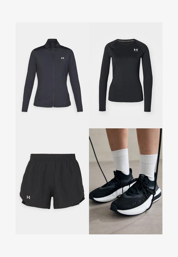 Juodas sportinis švarkas, pagamintas iš lygios, elastingos medžiagos, su aukštu apykakle ir pilnu užtrauktuku, su maža balta logo kairiajame viršutiniame kampe.; Juoda ilgarankovė sportinė marškinėlė, pagaminta iš lygaus audinio, su apvaliu kaklu ir maža balta logotipu kairėje krūtinės pusėje.; Juodi sportiniai šortai su elastingu juosmeniu, šoninėmis kišenėmis ir mažuoju sidabriniu logotipu apatiniame kairiajame šone. Lygus paviršius ir lengvas dizainas.; Juodi sportiniai batai su tekstūruotu audiniu, balta padu ir juodais raiščiais. Dėvimi su baltais raištiniais kojiniais, stovint lengvame paviršiuje.