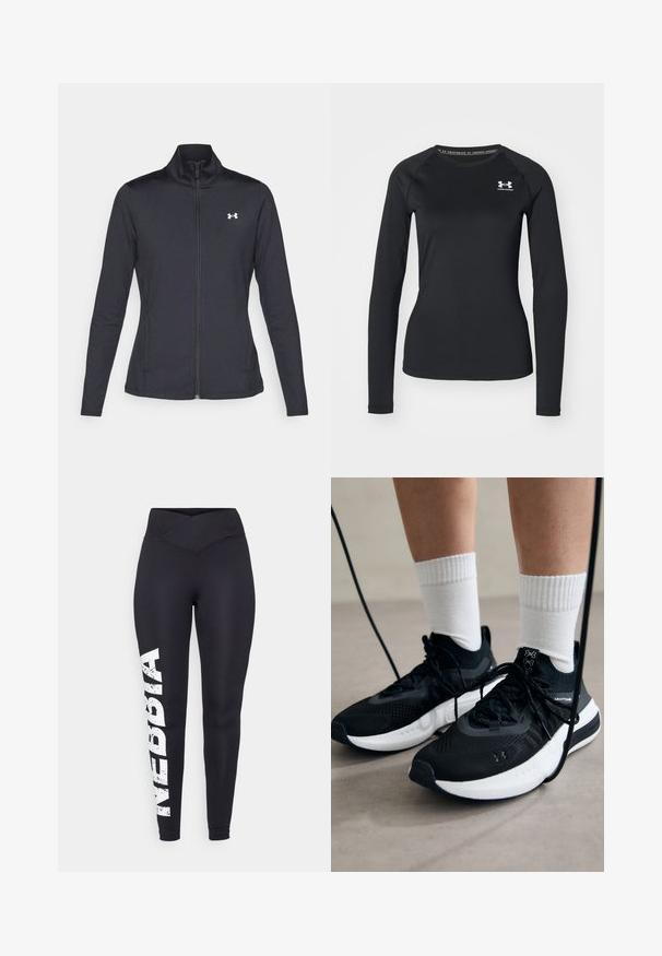 Črna atletska jakna iz gladkega, raztegljivega blaga z visokim ovratnikom in polnim zadrgo, ki ima majhen bel logotip na zgornji levi strani.; Črna dolga športna majica s splošno teksturo, ki ima okroglo izrezovanje in majhen bel znak na levem prsnem delu.; Črne legice z visokim, križno sprednjim pasom. Imajo bel, uničen "NEBBIA" napis vzdolž leve noge. Gladek, raztegljiv material.; Črne športne čevlje z strukturirano tkanino, belo podplatom in črnimi vezalkami. Nosi se z belimi rebrastimi nogavicami, stoje na svetli površini.