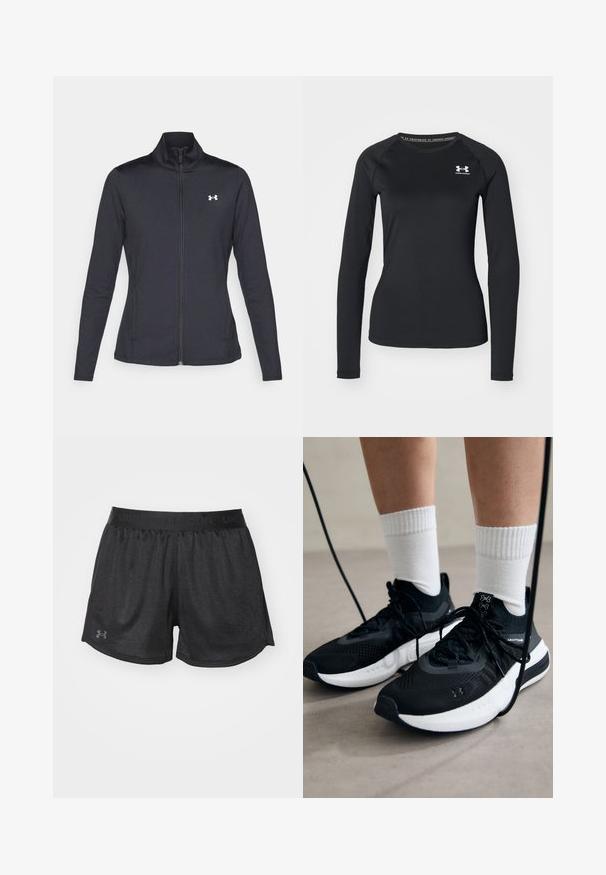Veste de sport noire en tissu lisse et extensible avec un col montant et une fermeture éclair intégrale, arborant un petit logo blanc sur le côté supérieur gauche.; T-shirt de sport noir à manches longues en tissu lisse, avec un col rond et un petit logo blanc sur la poitrine gauche.; Shorts de sport noirs en tissu texturé, avec une taille élastique et un petit logo Under Armour en gris foncé sur le bas à gauche.; Chaussures de sport noires en tissu texturé, avec une semelle blanche et des lacets noirs. Portées avec des chaussettes blanches côtelées, debout sur une surface claire.