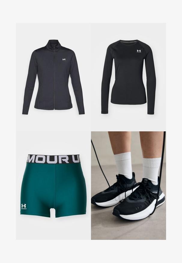 Schwarze Sportjacke aus glattem, dehnbarem Stoff mit hohem Kragen und durchgehendem Reißverschluss, ausgestattet mit einem kleinen weißen Logo auf der oberen linken Seite.; Schwarzes langärmliges Sportshirt aus glattem Material, mit Rundhalsausschnitt und einem kleinen weißen Logo auf der linken Brust.; Under Armour HEATGEAR SHORTY - Tights - hydro teal/white; Schwarze Sportschuhe aus strukturiertem Stoff, mit weißer Sohle und schwarzen Schnürsenkeln. Tragen mit weißen gerippten Socken, stehen auf einer hellen Fläche.