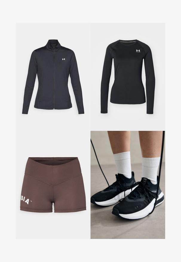 Giacca sportiva nera realizzata in tessuto morbido ed elasticizzato, con colletto alto e zip completa, caratterizzata da un piccolo logo bianco sul lato sinistro superiore.; Maglietta sportiva nera a maniche lunghe realizzata in tessuto liscio, con scollatura tonda e un piccolo logo bianco sul lato sinistro del petto.; Pantaloni sportivi marroni con vita alta, tessuto elastico e dettaglio del logo bianco sul lato sinistro. Texture liscia e design aderente.; Scarpe sportive nere con tessuto testurizzato, suola bianca e lacci neri. Indossate con calzini bianchi a costine, in piedi su una superficie chiara.