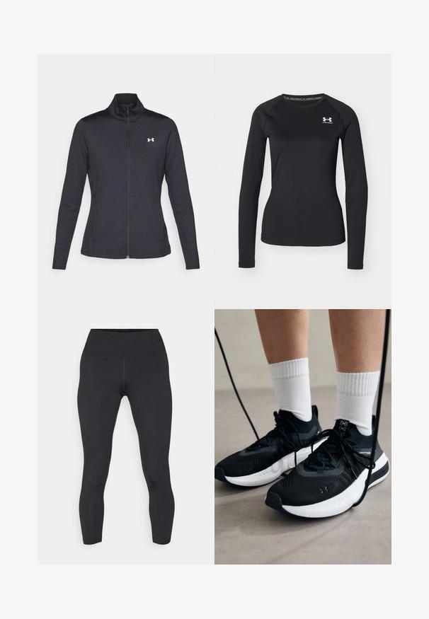 Casaco atlético preto feito de um tecido liso e elástico, com gola alta e zíper completo, apresentando um pequeno logótipo branco no canto superior esquerdo.; Camisola atlética de manga longa preta, feita de tecido suave, com decote redondo e um pequeno logótipo branco no lado esquerdo do peito.; Leggings pretos com uma cintura alta, feitos de um material suave e elástico. Apresentam costuras planas e um design que se ajusta ao corpo.; Sapatilhas desportivas pretas com tecido texturizado, sola branca e atacadores pretos. Usadas com meias brancas caneladas, a pé sobre uma superfície clara.