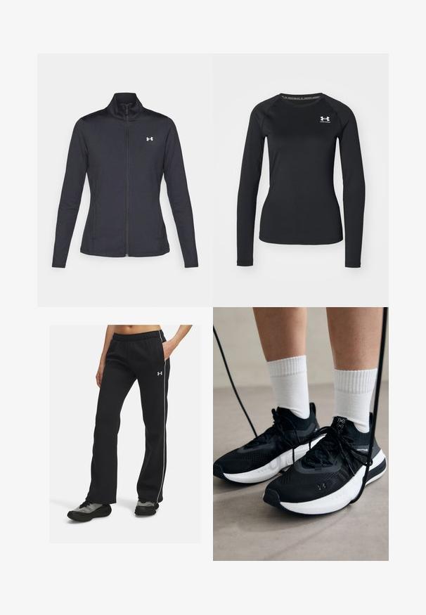 Sort atletisk jakke lavet af glat, strækbart stof med høj krave og fuld lynlås, der har et lille hvidt logo på den øverste venstre side.; Sort langærmet atletisk skjorte lavet af glat stof, med rund halsudskæring og et lille hvidt logo på venstre bryst.; Sorte træningsbukser med elastisk talje, hvide side-striber og blødt stof. Kombinationen er med mørke, mønstrede sneakers.; Sorte sportssko med tekstureret stof, hvid sål og sorte snørebånd. Båret med hvide ribbede sokker, stående på en lys overflade.