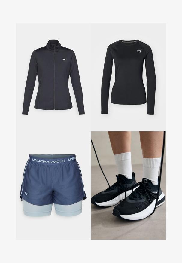 Chaqueta deportiva negra hecha de una tela suave y elástica, con cuello alto y cremallera completa, que presenta un pequeño logo blanco en la parte superior izquierda.; Camisa atlética de manga larga negra hecha de una tela suave, con un escote redondo y un pequeño logotipo blanco en el lado izquierdo del pecho.; Pantalones cortos de color navy con pantalones cortos interiores azul claro. Cuenta con una cintura elástica con la marca "Under Armour" y una abertura lateral para mayor movilidad. Textura suave.; Zapatillas deportivas negras con tela texturizada, suela blanca y cordones negros. Llevadas con calcetines blancos de canalé, de pie sobre una superficie clara.