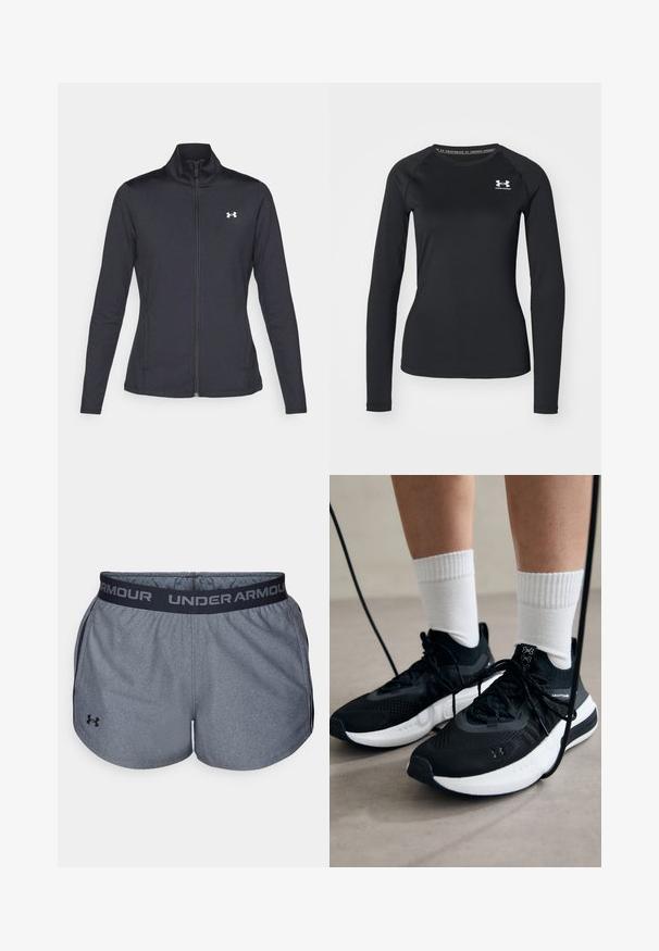 Casaco atlético preto feito de um tecido liso e elástico, com gola alta e zíper completo, apresentando um pequeno logótipo branco no canto superior esquerdo.; Camisola atlética de manga longa preta, feita de tecido suave, com decote redondo e um pequeno logótipo branco no lado esquerdo do peito.; Calções atléticos cinzentos com uma cintura elástica preta com o logótipo "UNDER ARMOUR". Feitos de um tecido texturizado com um acabamento suave.; Sapatilhas desportivas pretas com tecido texturizado, sola branca e atacadores pretos. Usadas com meias brancas caneladas, a pé sobre uma superfície clara.
