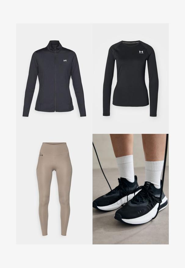 Fekete sportos dzseki sima, rugalmas anyagból, magas gallérral és teljes cipzárral, az elülső bal oldalon egy kis fehér logóval.; Fekete, hosszú ujjú sportpóló sima anyagból, kerek nyakkivágással és egy kis fehér logóval a bal mellrészen.; Beige, magas derekú leggings, rugalmas anyagból, sima tapintással, oldalsó zsebekkel és egy kis logóval.; Fekete sportcipők textúrált anyagból, fehér talppal és fekete fűzőkkel. Fehér bordázott zoknikkal viselve, világos felületen állva.