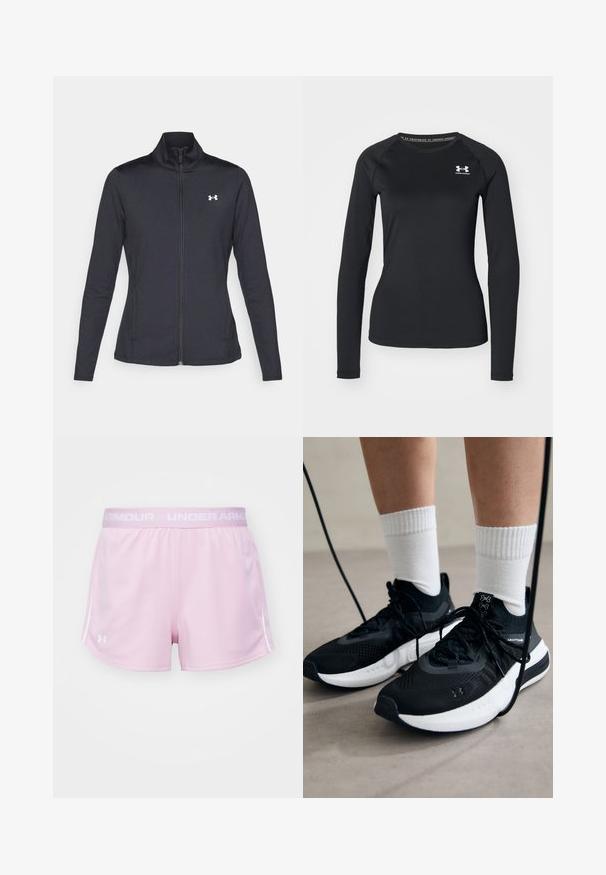 Juodas sportinis švarkas, pagamintas iš lygios, elastingos medžiagos, su aukštu apykakle ir pilnu užtrauktuku, su maža balta logo kairiajame viršutiniame kampe.; Juoda ilgarankovė sportinė marškinėlė, pagaminta iš lygaus audinio, su apvaliu kaklu ir maža balta logotipu kairėje krūtinės pusėje.; Šviesiai rožiniai sportiniai šortai su elastinga juosta, su balta logotipu kairėje pusėje ir kontrastingomis baltomis šoninėmis juostelėmis.; Juodi sportiniai batai su tekstūruotu audiniu, balta padu ir juodais raiščiais. Dėvimi su baltais raištiniais kojiniais, stovint lengvame paviršiuje.