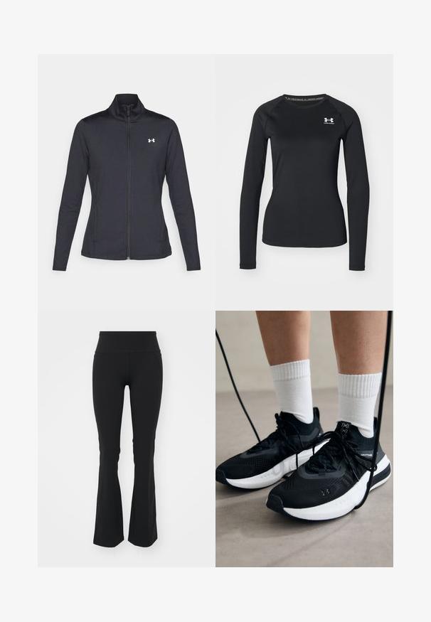 Melnās sporta jakas izgatavotas no gludas, elastīgas auduma ar augstu apkakli un pilnu rāvējslēdzēju, ar nelielu baltu logo augšējā kreisajā pusē.; Melna garām piedurknēm sporta krekls, izgatavots no izlīdzinātas auduma, ar apaļu kakla izgriezumu un mazu baltu logotipu kreisajā krūtī.; Melnas flared legging bikses ar augstu jostasvietu, izgatavotas no elastīga auduma. Saturs sānu šuves un šķēlumi apakšmalā, lai nodrošinātu ērtu kustību.; Melni sporta apavi ar strukturētu audumu, balta zole un melni šņores. Valkāti ar baltām ribotām zeķēm, stāvot uz gaišas virsmas.