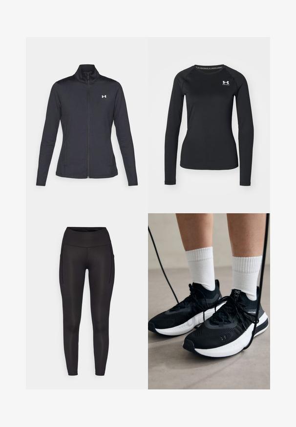 Giacca sportiva nera realizzata in tessuto morbido ed elasticizzato, con colletto alto e zip completa, caratterizzata da un piccolo logo bianco sul lato sinistro superiore.; Maglietta sportiva nera a maniche lunghe realizzata in tessuto liscio, con scollatura tonda e un piccolo logo bianco sul lato sinistro del petto.; Leggings neri con vita alta, caratterizzati da due tasche laterali e una texture liscia e elasticizzata. Progettati per il comfort e la facilità di movimento.; Scarpe sportive nere con tessuto testurizzato, suola bianca e lacci neri. Indossate con calzini bianchi a costine, in piedi su una superficie chiara.