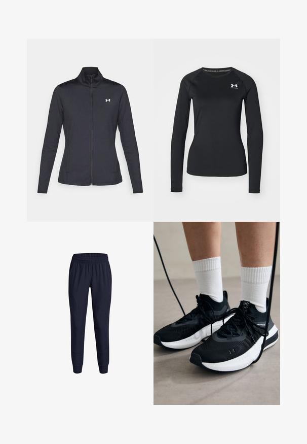 Schwarze Sportjacke aus glattem, dehnbarem Stoff mit hohem Kragen und durchgehendem Reißverschluss, ausgestattet mit einem kleinen weißen Logo auf der oberen linken Seite.; Schwarzes langärmliges Sportshirt aus glattem Material, mit Rundhalsausschnitt und einem kleinen weißen Logo auf der linken Brust.; Marineblaue Sporthosen mit elastischem Bund, schmal zulaufendem Bein und Seitentaschen, gefertigt aus einem leichten, glatten Stoff.; Schwarze Sportschuhe aus strukturiertem Stoff, mit weißer Sohle und schwarzen Schnürsenkeln. Tragen mit weißen gerippten Socken, stehen auf einer hellen Fläche.