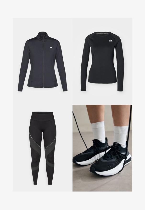 Czarna sportowa kurtka z gładkiego, elastycznego materiału, z wysokim kołnierzem i pełnym zamkiem, z małym białym logo na górnej lewej stronie.; Czarna, długosleeve'owa koszulka sportowa z gładkiego materiału, z okrągłym dekoltem i małym białym logo na lewej piersi.; Czarne legginsy z wysokim stanem, z falistym szarym wzorem w kropki po bokach. Wykonane z elastycznego materiału dla wygody.; Czarne buty sportowe z teksturowanym materiałem, białą podeszwą i czarnymi sznurowadłami. Nosi je osoba w białych skarpetkach w prążki, stojąca na jasnej powierzchni.