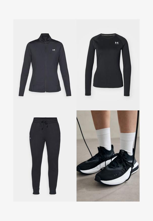 Fekete sportos dzseki sima, rugalmas anyagból, magas gallérral és teljes cipzárral, az elülső bal oldalon egy kis fehér logóval.; Fekete, hosszú ujjú sportpóló sima anyagból, kerek nyakkivágással és egy kis fehér logóval a bal mellrészen.; Fekete sportnadrág rugalmas derékpánttal, állítható zsinórral, bordázott mandzsettával és egy kis logóval a bal lábon. Puha pamut keverékből készült anyag.; Fekete sportcipők textúrált anyagból, fehér talppal és fekete fűzőkkel. Fehér bordázott zoknikkal viselve, világos felületen állva.